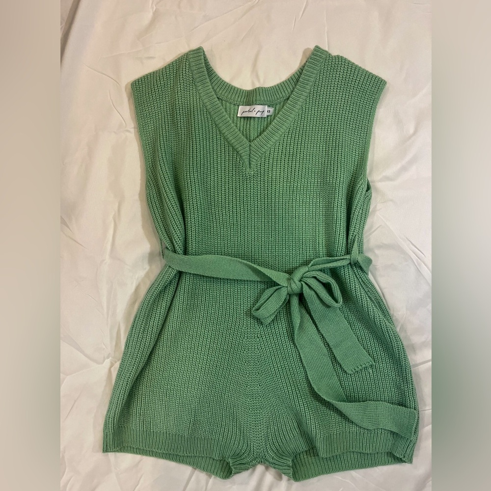 Light Green Petal and Pup knit romper with waist tie